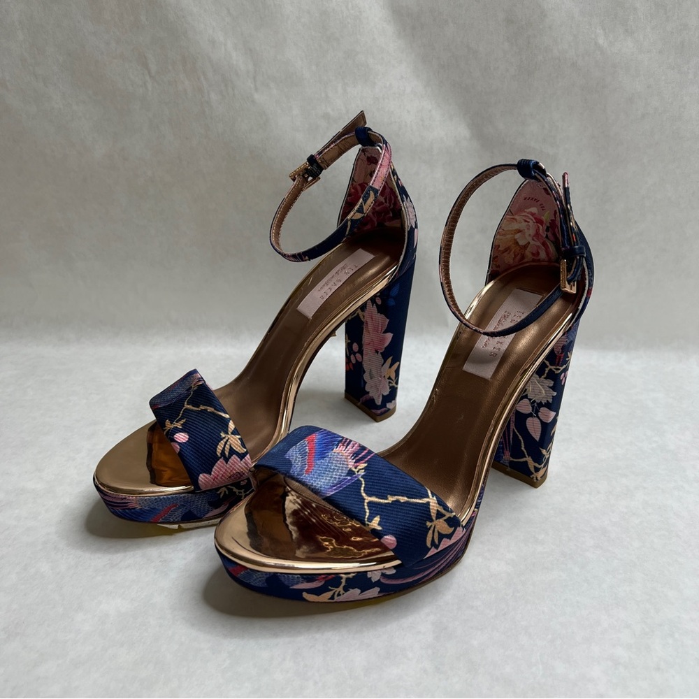 TED BAKER Navy Chinoiserie Junaaa Jacquard Platform Sandals - Sz 38 / 7.5 - Picture 6 of 16